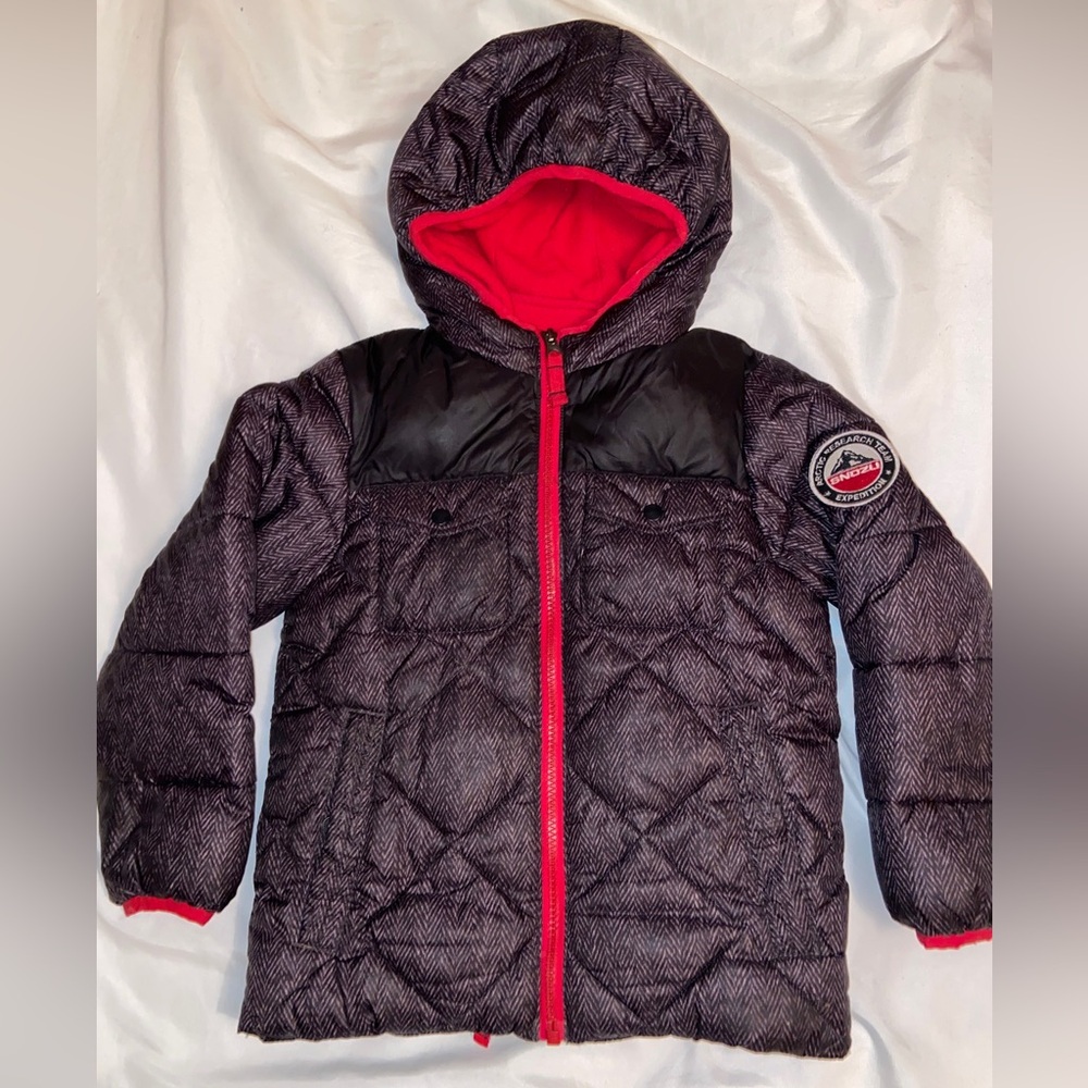 Snozu Boy's Size 5 Hooded Long Sleeve Puffer Snow Jacket Black Grey Herringbone